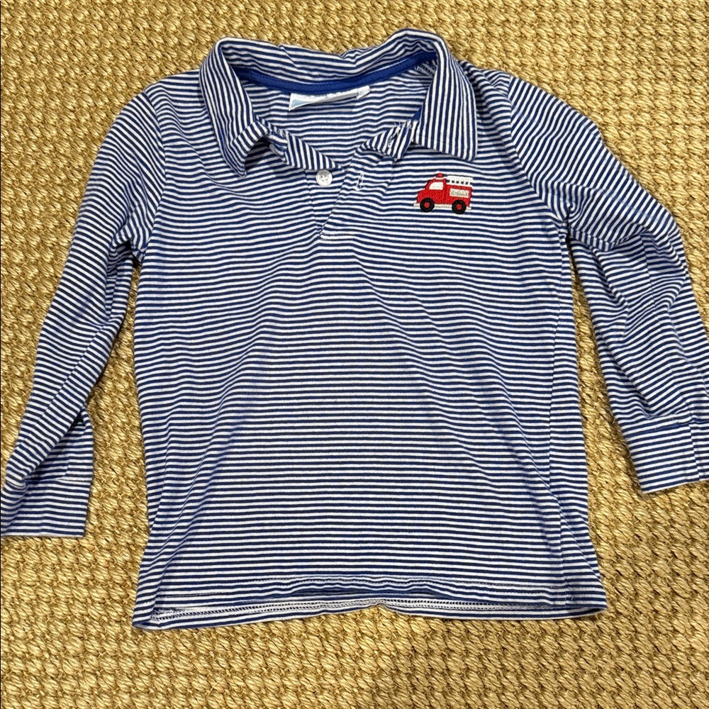 Kids Blue Striped Polo with Fire Truck Appliqué